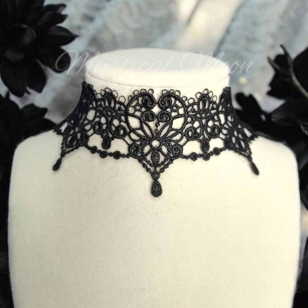 Gothic Black Lace Wide Choker Necklace Statement Jewelry Witchy Wiccan Handmade